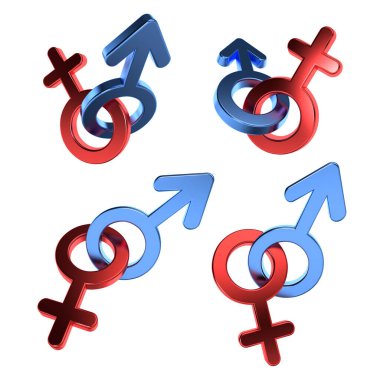 3d rendering male and female symbols. Gender signs. Blue and red metallic color.