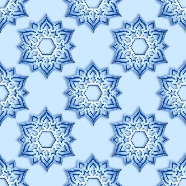 Seamless pattern with blue shining volumetric snowflake isolated on light blue background. 3d render on a Christmas theme