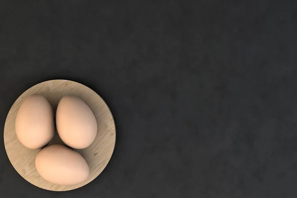 Render Three Chicken Eggs Wooden Board Black Background — Photo