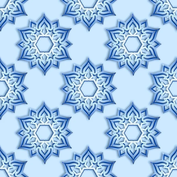 Seamless Pattern Blue Shining Volumetric Snowflake Isolated Light Blue Background — Fotografia de Stock