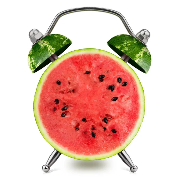 Halved Watermelon Alarm Clock White Background Healthy Time Concept — Stok fotoğraf