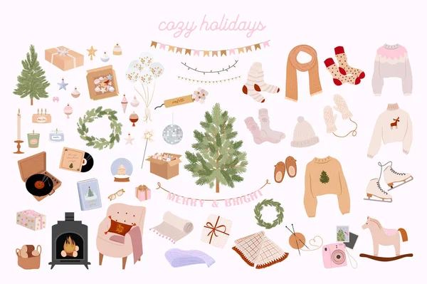 Collection Éléments Vacances Décor Chaleureux Hygge Maison Parfait Pour Joyeux — Image vectorielle