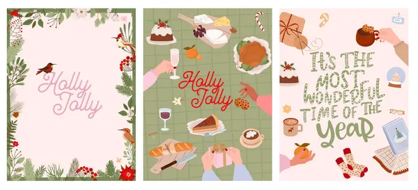 休日カードのコレクション 季節の居心地の良い巨大な家の装飾 食べ物 メリークリスマス ハッピーニューイヤー 招待状 グリーティングカードに最適です 編集可能なベクトル図 — ストックベクタ