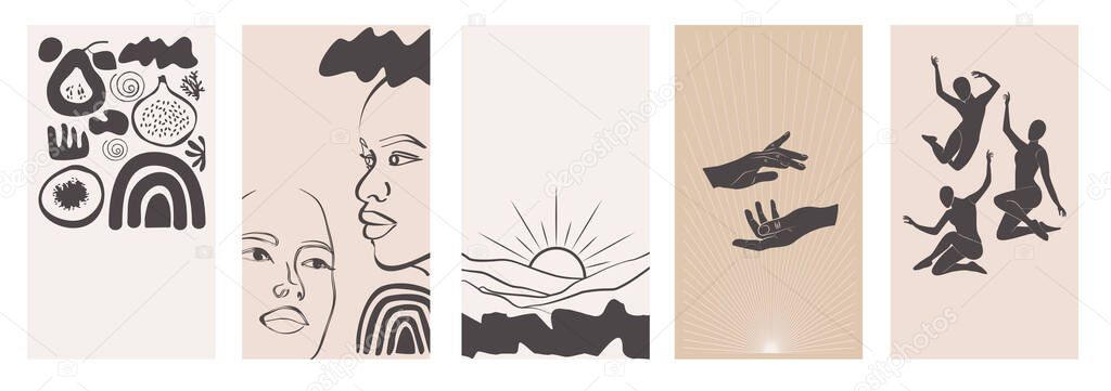 Collection of stories design template with abstract modern art, woman faces and bodies elements. Editable vector illustration.