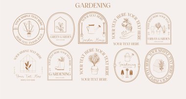 Bahçe işleri için logoti şablonu koleksiyonu. Minimalist doğrusal sembol. Markalaşma, etiket, çıkartma ve logoti tasarımı için mükemmel. Düzenlenebilir Vektör İllüstrasyonu.