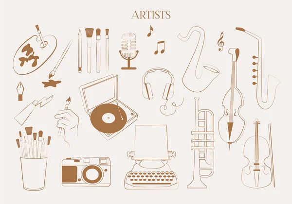 Collection Icônes Artistes Musique Art Écrivain Photographe Symbole Linéaire Minimaliste — Image vectorielle