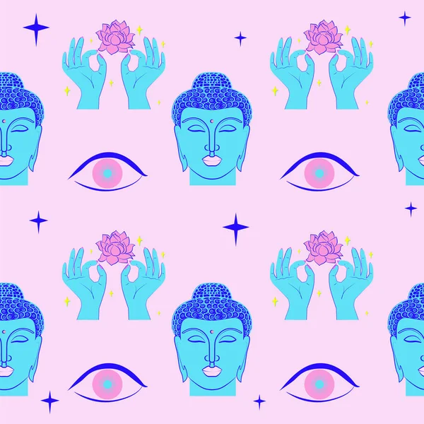 蓮と瞑想の手でシームレスなパターン 編集可能なベクトル図 — ストックベクタ