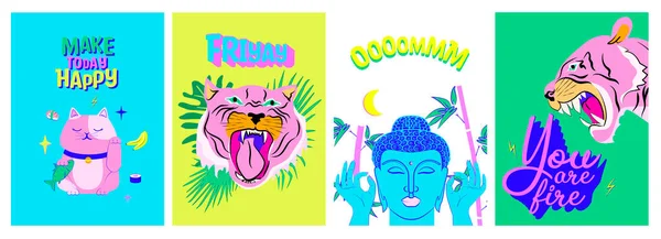 Kolekcja Kolorowych Plakatów Azjatycką Ilustracją Dodatnimi Cytatami Pozdrowienia Lub Zaproszenie — Wektor stockowy