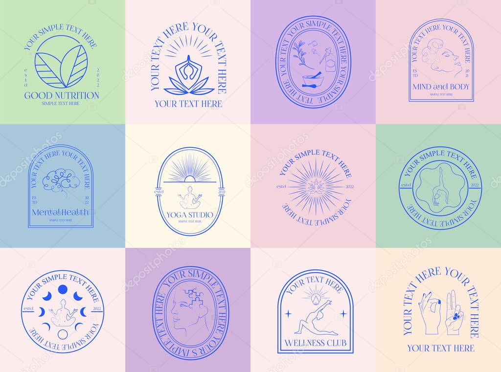 Collection of Wellness linear logotypes, symbols, icons design template with self care, mental health, nutrition, yoga. Editable vector logotype.