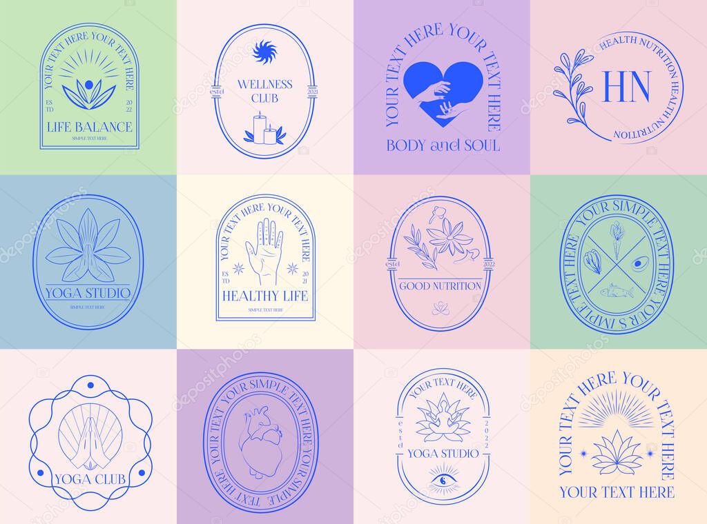 Collection of Wellness linear logotypes, symbols, icons design template with self care, mental health, nutrition, yoga. Editable vector logotype.