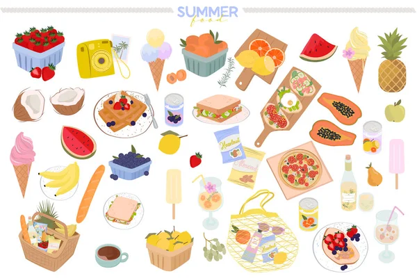 Colección Elementos Alimenticios Verano Comida Temporada Icono Picnic Ilustración Vectorial — Vector de stock