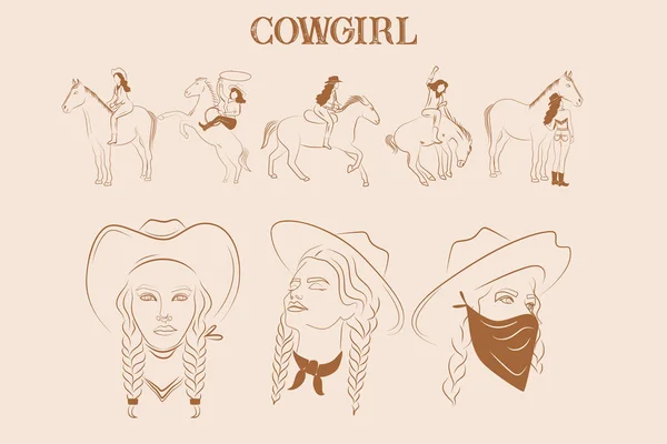 Coleção Ilustração Cowgirl Imagem Linha Retrato Mulher Cowgirl Cavaleiro Cavalo — Vetor de Stock