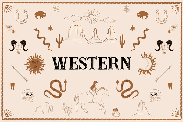 砂漠の風景 西部の動物 カウガール 野生の西の要素 サボテンと西部のポスター 編集可能なベクトル図 — ストックベクタ