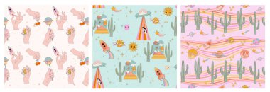 Eski hippi derlemeleri, mükemmel uzayı olan kusursuz desenler, psikedelik elementler. Düzenlenebilir vektör illüstrasyonu.