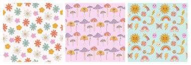 Eski hippi derlemeleri, mükemmel uzayı olan kusursuz desenler, psikedelik elementler. Düzenlenebilir vektör illüstrasyonu.