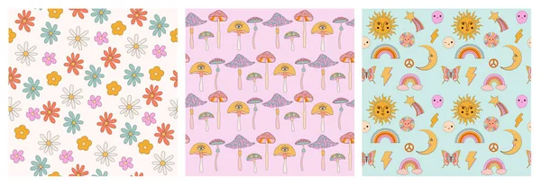 Eski hippi derlemeleri, mükemmel uzayı olan kusursuz desenler, psikedelik elementler. Düzenlenebilir vektör illüstrasyonu.