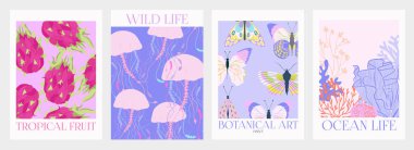 İçinde yaz manzarası olan modern posterler koleksiyonu. Düzenlenebilir Vektör İllüstrasyonu.