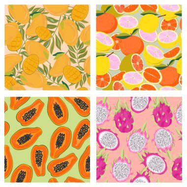 Egzotik meyvesiz desen koleksiyonu. Mango, papaya, narenciye, ejderha meyvesi. Düzenlenebilir vektör illüstrasyonu.