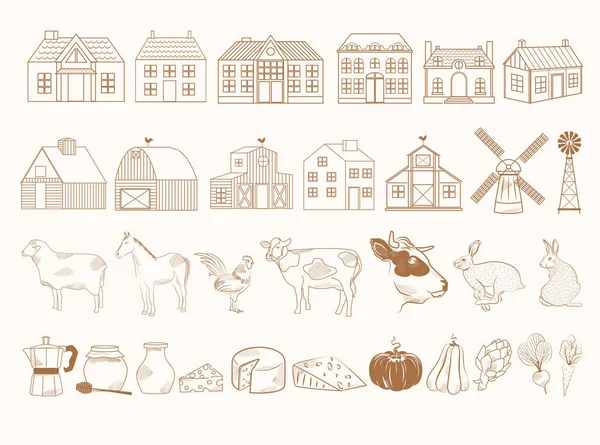 Collection Farm Elements Linear Symbols Icons Design Farm Animals Farmhouse — Image vectorielle