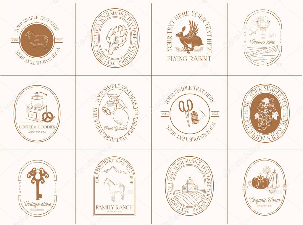 Collection of logotypes template for dairy farm and cheese production, a coffee shop, a vintage store or a local family busines. Linear logos, symbols, icons design template. Editable vector logotype.