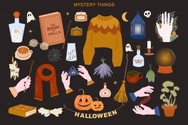 Sonbahar eşyaları koleksiyonu, sihirli elementler, cadılar bayramı dekorasyonu. Düzenlenebilir vektör illüstrasyonu.