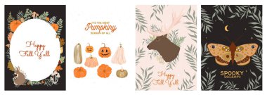 Gizemli sonbahar posteri koleksiyonu. Mevsimlik tebrik kartı, orman hayvanları, sihirli şeyler, sonbahar bitkileri. Düzenlenebilir vektör illüstrasyonu.