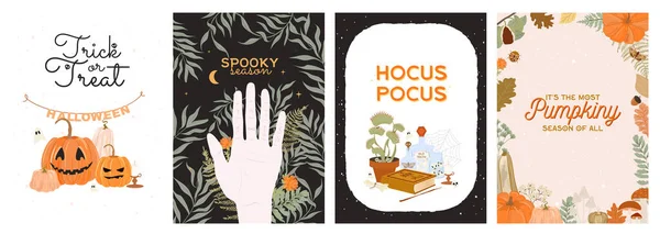 謎の秋のポスターのコレクション 森林動物 魔法のもの 秋の植物と季節のグリーティングカード 編集可能なベクトル図 — ストックベクタ