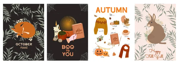 Colección Cartel Otoño Misterioso Tarjeta Felicitación Estacional Con Animales Del — Vector de stock