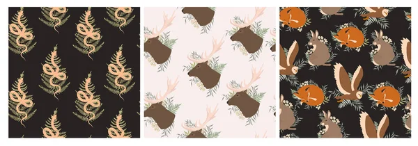 Collection Seamless Pattern Mystery Forest Animals Editable Vector Illustration — Stock Vector