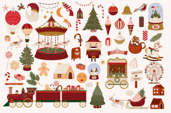 Collection Christmas Elements Fairs Carnival Christmas Tree Toys Train Nutcracker — Stock Vector