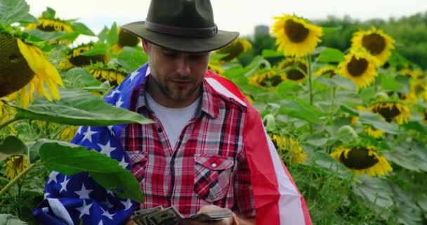 Szczęśliwy młody amerykański rolnik liczący i pokazujący pieniądze na polu słonecznika USA — Wideo stockowe