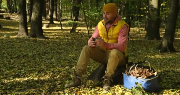 Man forester in a yellow vest on a stump idrinking hot tea or Coffee — Stock Video