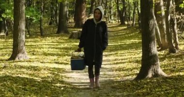 Sepetinde mantarları olan bir kadın sonbahar ormanında yürüyor. Mantar toplamaya