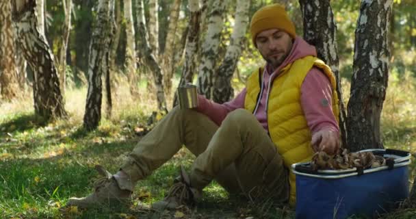 Un hombre se sienta en un bosque de otoño, con una taza de té caliente y una cesta de champiñones — Vídeos de Stock