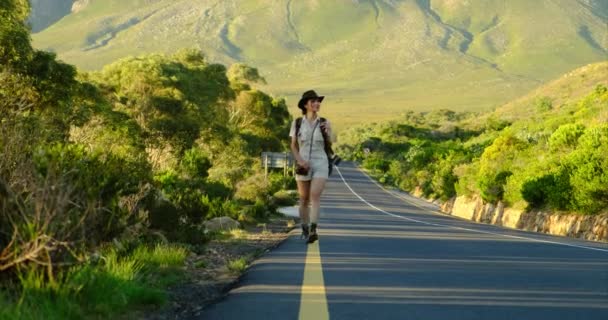 Viajante passeios carona stands na estrada e pára o carro levantado à mão — Vídeo de Stock