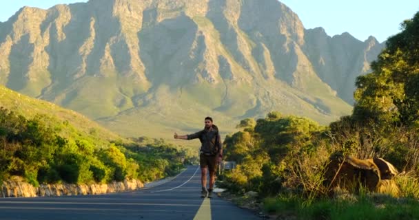 Traveler rides hitchhiking stands on the road and stops the car raised by hand — Stock Video