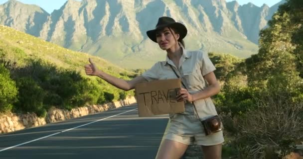 Safari millennial vrouw reist alleen door autostop. meisje liftend duimen omhoog — Stockvideo