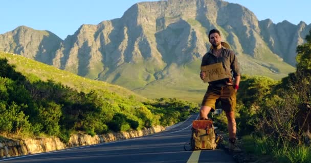 Traveler rides hitchhiking stands on the road and stops the car raised by hand — Stock Video