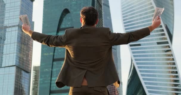 Success and Achievement while rises hands up. Business Deal. businessman in suit — Vídeo de Stock