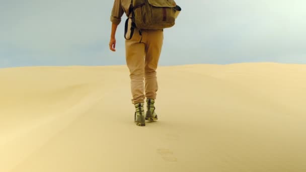 Traveler girl with a backpack on her back and trekking boots walks on the sand — Stock Video