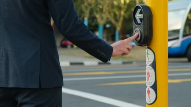 Pedestrian Crossing Call Button Hand Pushing Button Cross Young Businessman — Video