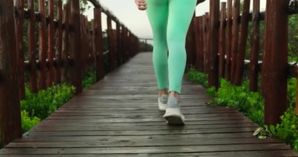 Zbliżenie Nóg Seksownej Dziewczyny Legginsach Sportowych Spacerujących Wzdłuż Mostu Długie — Wideo stockowe