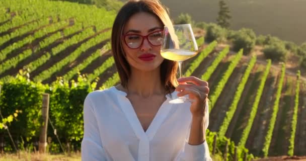 穿着白衬衫和眼镜的优雅的女性酒保正在一家酿酒厂测试一种新的葡萄酒 女性品尝红酒 并在变形金卡上做笔记 葡萄酒培训和品酒 — 图库视频影像