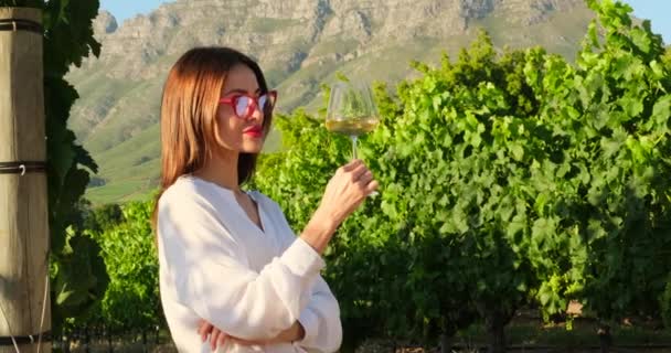 Chica elegante en una camisa blanca bebe vino blanco de una copa en un viñedo — Vídeos de Stock