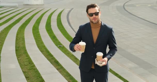 Businessman Holding Cup Beverage Coffee Break Director Prosperous Company Enjoying — Stock Video