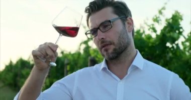 Bir bardak kırmızı şarapla yakışıklı sakallı adam. Beyaz gömlekli bir adam üzüm bağlarında şarap içiyor. Bahar palto giyen bir adamın tuttuğu bir bardak şarap tatmadan önce kırmızı şarap koklar ve içerdi.