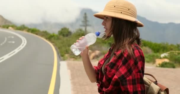 女性は山の中の旅行中岩の上で休んでいる間に水を飲む バックパック付きの山の中の若い白人女性が立っており 個人的な再充填可能なボトルから水を飲みます — ストック動画