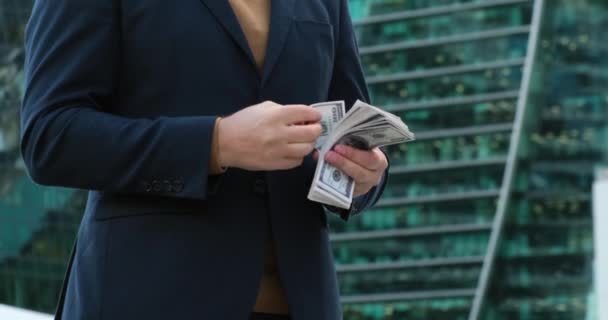 Business Man Day Holdings Dollar Banknotes His Hands Man Blue — Stock Video