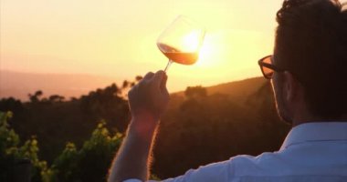 Genç adam gün batımında üzüm bağında kırmızı şarap tadıyor. Başarılı erkek şarap üreticisi bir lezzet tadıyor ve şarap kalitesini gün batımında üzüm bağlarına dökülen şeffaf bardaktan kontrol ediyor..