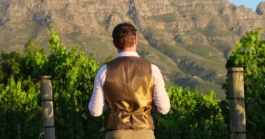 Genç gülümseyen barmen elinde pahalı bir şişe şarapla poz veriyor. Yelek giymiş zarif bir adam elinde bir bardak şarap ve bir şişe peruk tutuyor. Takım elbiseli şık bir adam. 